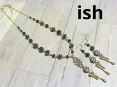 【A142】ishゴールデンオブシディアン・ドイツビーズネックレス＆ピアス