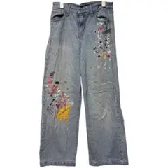 デニム ジーンズ かわいい花柄刺繍 ライトブルーデニム おしゃれズボン