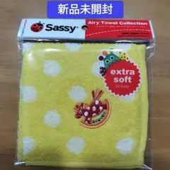 【新品未開封】サッシー 刺繍タオルハンカチ 綿100% 黄色 水玉模様 ベビー