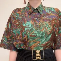 紫緑 メンズ ボタニカル柄 コットン 綿 総柄 ヴィンテージ 柄シャツのサムネイル
