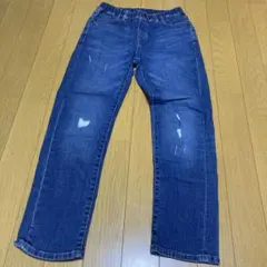 美品！ユニクロ デニムパンツ 濃い青 ダメージ加工　130-150