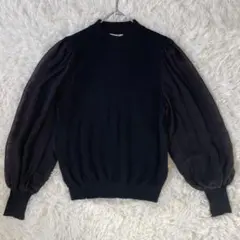 elgna　バルーンシフォンスリーブセーター　38　ニット　ブラック◆633