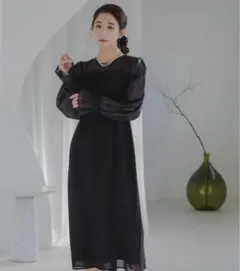 シースルー袖 ブラック パーティードレス　L L