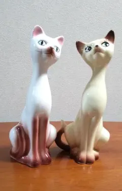 C- 1871▲昭和レトロ　大きい　花柄ペア　シャム猫　陶器製置物 昭和レトロ シャム 猫 花柄 陶器 置物 ねこ ペア 青 ピンク 貫入