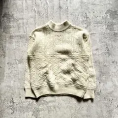 ウール100%ニット セーター M ホワイト 厚手 日本製 ハイネック 総柄