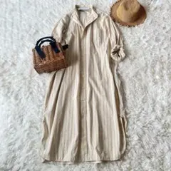 TICCA シャツワンピース　ストライプ　イエロー　ベージュ　バンドカラー