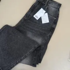 ハイウエストブラックデニム 綿 ワイドパンツ ダメージ加工