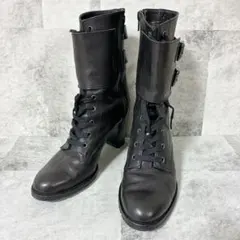 K.T ブラック ブーツ ベルト サイドジップ　レースアップ ヒール　レザー