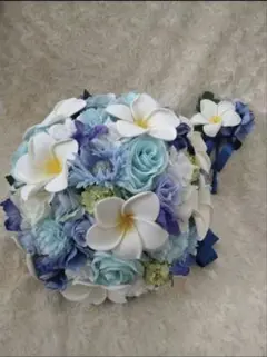 ブルー系★プルメリアラウンドブーケ·ブートニアセット