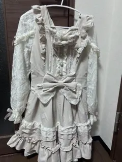 ベージュ フリル レース 長袖 ワンピース