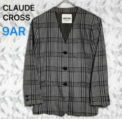 クロードクロス ノーカラー ジャケットチェック柄 ウール（9AR)上品クラシック