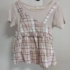 ベージュ チェック柄 Tシャツ フリル付き