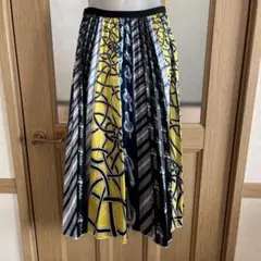 ウエストゴム 幾何学模様 プリーツロングスカート フリー 黄色 ブルー黒