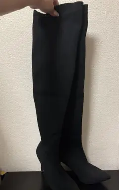 ブラックニーハイブーツ 膝上丈 細ヒール　レディース　ロングブーツ