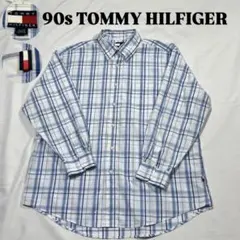 【格安】90s トミーヒルフィガー チェックシャツ XL 青 オールドトミー