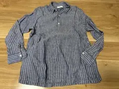 未使用に近い ユニクロ 長袖シャツ プルオーバー ストライプ プレミアムリネンM