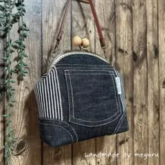 ＊がま口ミニバッグ＊デニムポケットが可愛いヒッコリーのがま口バッグ　白タグ