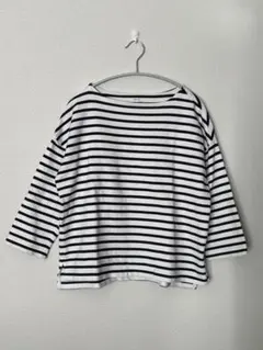 無印良品ボーダー七分袖Tシャツ XS-S ボートネック ホワイトネイビー