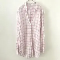 GAP リネン100% スキッパーシャツ チェック ロング丈　麻　ピンクのサムネイル
