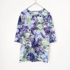 花柄 ボタニカル 総柄 カットソー 五分袖〜七分袖 ブルー系 M