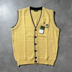 ヴィンテージ ニット ベスト 黄色 刺繍 Vネック 古着 メンズ
