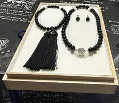 新品未使用☆最高級黒珊瑚 ネックレス イヤリング 念珠4点セット☆桐 