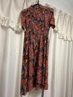 レトロ 総柄ワンピース カラフル 幾何学 ヴィンテージ風 派手柄