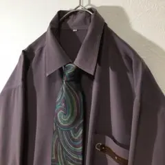 【個性派古着】日本製　ネクタイ付き長袖デザインシャツ　マットな紫　ベルトの刺繍入