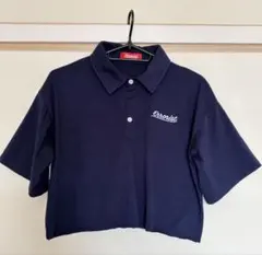 ネイビー クロップドポロシャツ ロゴ刺繍