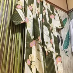 浴衣　花柄ストライプ&山吹色の帯セット