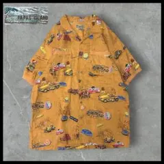 PAPAS ISLAND アメ車総柄アロハシャツ L 麻 リネンアロハシャツのサムネイル