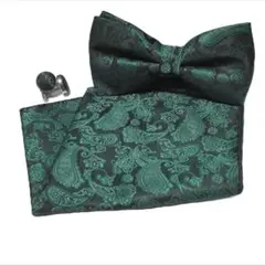 蝶ネクタイ チーフ カフス セット グリーン ペイズリー 結婚式 披露宴 緑