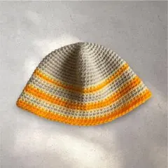 クラッシャーハット　クロシェハット　ビーニー　バケットハット　ハンドメイド　黄色