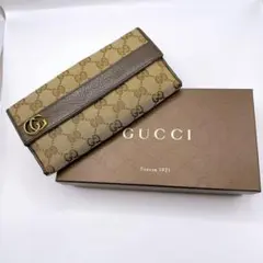 グッチ 長財布 GG キャンバス　レザー　箱付き　Wホック カーフ ブラウン