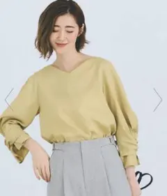 grove 麻調メッシュ袖コンシャスブラウス LL