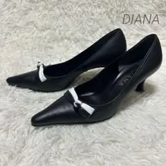 ★美品★DIANA黒レザー ポインテッドトゥパンプス リボン付き