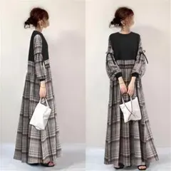 3L ロングワンピース　チェック　ドッキング　ボリュームスリーブ　春　c2