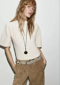 ZARA クルーネック リブニットトップス エクリュ Sのサムネイル