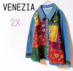 【VENEZIA】デニムシャツジャケット 2X 総柄 刺繍 90's 古着