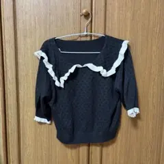 フリル付き黒ニットセーター 半袖 Lサイズ
