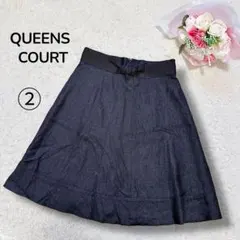 【クイーンズコート】光沢　微細ラメ　ウエストリボンフレアスカート膝丈　ブラックM