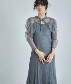 niana ボレロキャミワンピースレイヤード総レースパーティードレス L ブルー