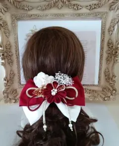 つまみ細工と和風リボンの髪飾り　えんじ　成人式　和装髪飾り卒業式　髪飾り