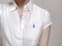 韓国で大流行中♡ラルフローレン　ワンポイント刺繍半袖シャツブラウス　白×ブルー