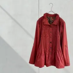 3638【一点モノ】ナイロンジャケット　刺繍　紐付き　レトロ　ミセス 赤　派手