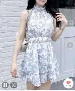 【美品】INGNI 2Wayリボンアメスリフリルミニワンピース 白 水色 花柄