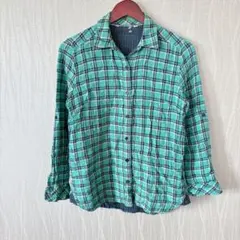 一点もの✨【S】チェック柄長袖シャツ グリーン系 ブラウス カジュアル コットン