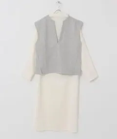 レイヤードワンピース ベスト付 ロングワンピース グレー・ホワイト