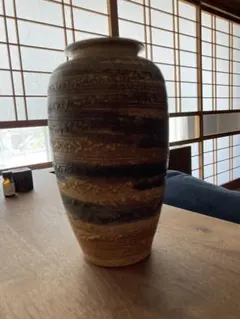 陶器の花瓶 緑と茶色の滴り模様 美品！信楽焼/アンティーク/骨董品/和モダン