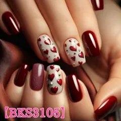 ハート柄 ネイルチップ ボルドー×ホワイト 24枚 新品未使用【BKS3105】